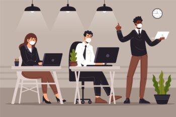 Picture of three colleagues wearing face masks at an office